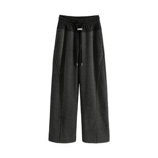 她池加绒阔腿裤2025冬装新款女装长款拼接抽绳松紧腰宽松款休闲裤