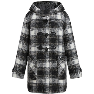 KBNE黑白格纹牛角扣连帽羊毛大衣女2025冬季新款复古学院毛呢外套