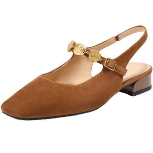 百丽方头包头凉鞋女夏季新款玛丽珍浅口平底单鞋子3SS30BH5