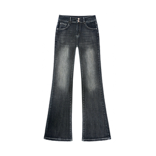 美式复古加绒加厚微喇牛仔裤女冬季新款胖妹妹mm高腰显瘦马蹄长裤