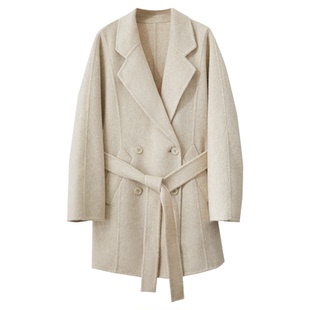 Amii2025冬新款翻驳领羊驼毛羊毛双面呢外套女配腰带双排扣上衣