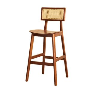 球球复古藤编实木吧台椅岛台椅子高脚凳家用咖啡餐厅靠背中古休闲