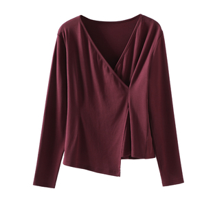 纯色V领休闲长袖T恤衫女春秋新款百搭洋气打底衫外穿棉质显瘦上衣