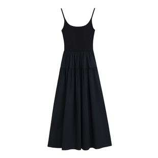 MULVAN 美丽无边女神裙 白色拼接针织带胸垫吊带连衣裙女气质长裙