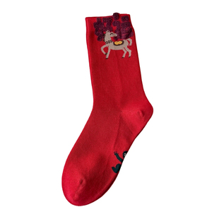 马年本命年踩地红袜子男女同款中筒袜脚底小人图案纯棉无骨鸿运袜