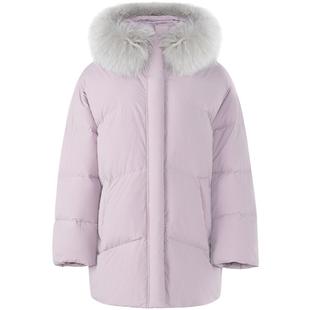 LAGOGO暖羽轻奢狐狸毛领羽绒服女2025冬新款粉紫色多巴胺加厚外套