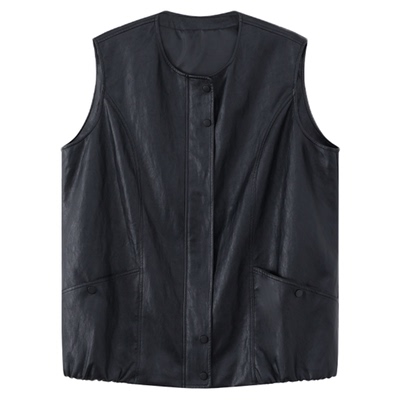 swx studio 皮夹克  腔调感个性宽松黑色无袖圆领皮马甲T274A