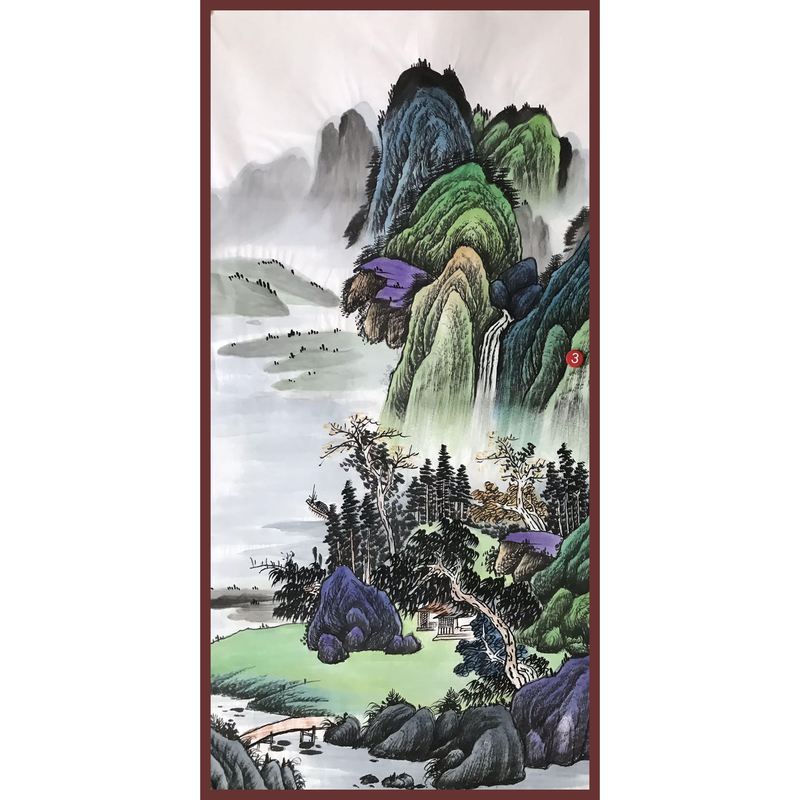 手工绘制中式山水画国画山石树木河流瀑布山川房屋风景画装饰画