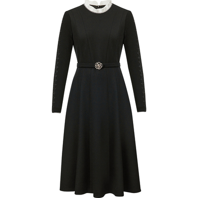 珂莱25同款腰带修身蕾丝袖连衣裙