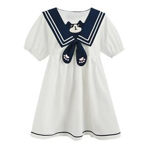 上新限时88折森女部落少女感海军领连衣裙女猫咪刺绣学院风A字裙