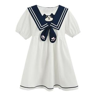 森女部落原创少女感海军领连衣裙女夏季小猫刺绣学院风短袖A字裙
