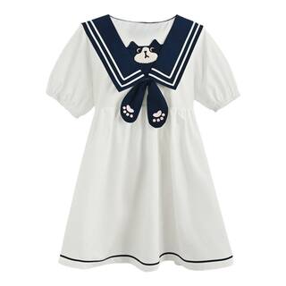 森女部落原创少女感海军领连衣裙女夏季小猫刺绣学院风短袖A字裙
