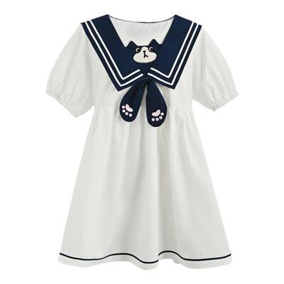 森女部落原创少女感海军领连衣裙女夏季小猫刺绣学院风短袖A字裙