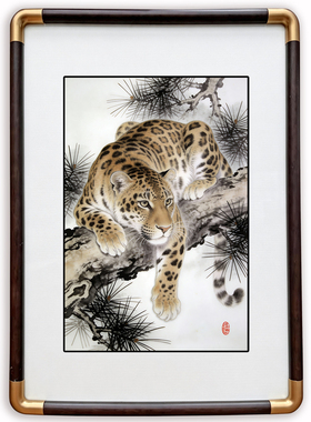 四九艺社 新中式玄豹栖松瓷板画 金钱豹 客厅玄关书房招财装饰画
