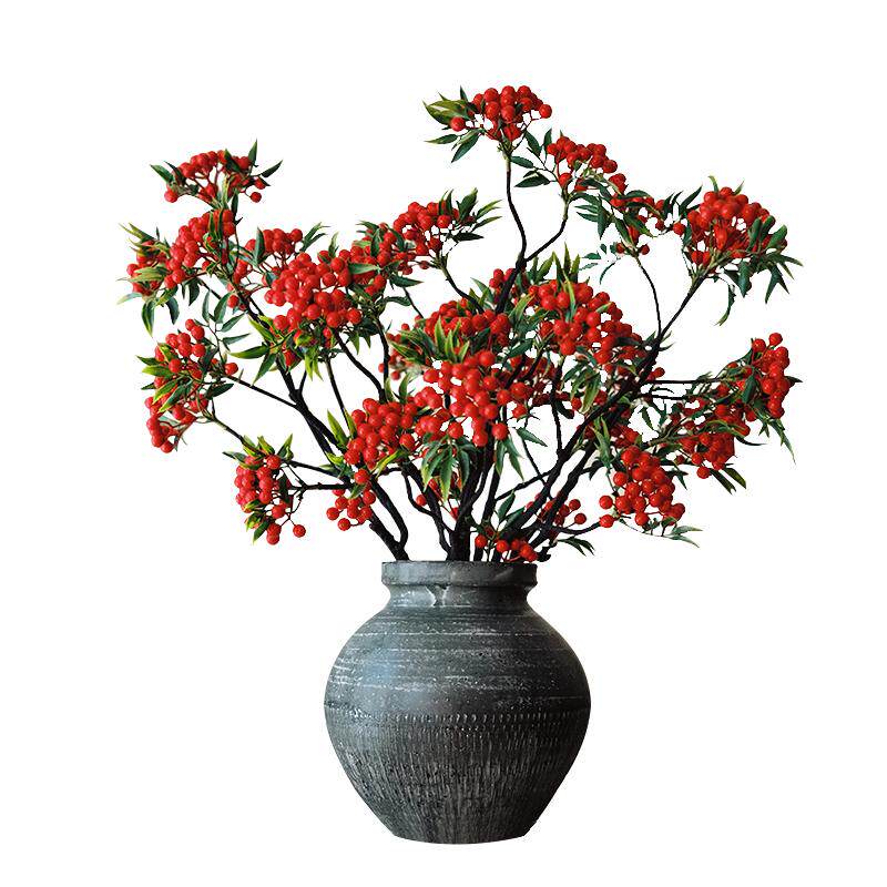 带叶红果发财果仿真花摆件客厅干花装饰冬青浆果树枝假花插花摆设
