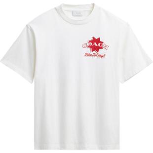 【新品】COACH/蔻驰奥莱女士白色棉质PIZZA图案休闲圆领短袖T恤