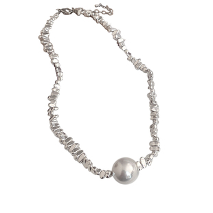 不规则碎银复古气质锁骨链百搭潮流白k项链夸张男女情侣珍珠吊坠