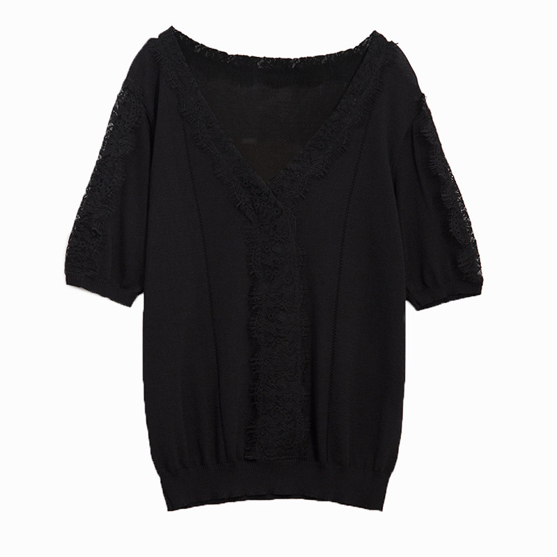 欧洲站2025新款夏季宽松薄款冰丝针织短袖女v领蕾丝拼接纯色上衣