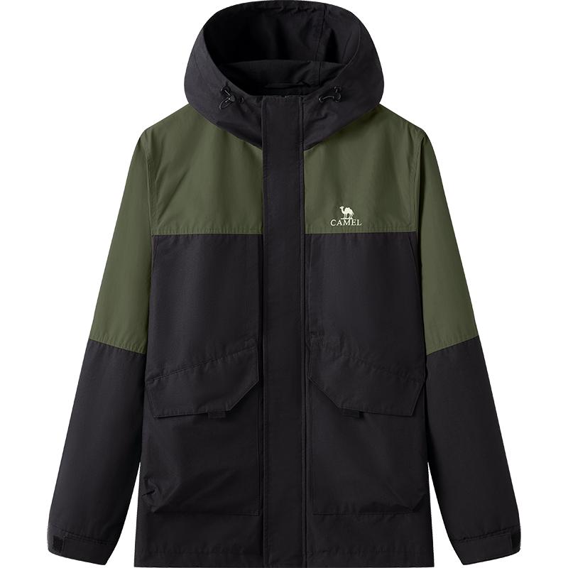 骆驼女装登山服防水夹克拼色风衣2025春秋款连帽运动户外情侣外套