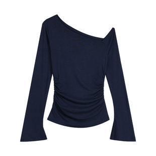 NEVA HU 美肩滤镜 斜肩长袖t恤女喇叭袖针织衫修身收腰露肩上衣