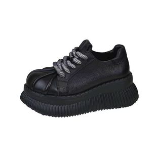 春秋新款民族风厚底松糕鞋真皮拼色深口单鞋小个子增高加绒皮鞋女