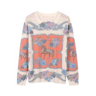 2025秋季长袖上衣天丝羊毛衫印花烫钻针织衫女圆领显瘦薄毛衣0565