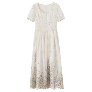 【清仓秒杀】韩系绝美气质裙子小个子设计感小众杏白色印花连衣裙