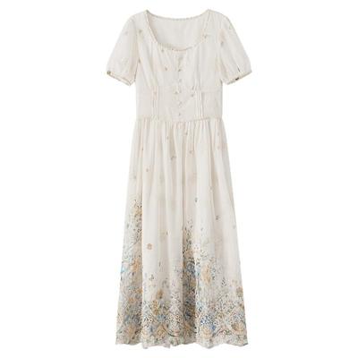 【清仓秒杀】韩系绝美气质裙子小个子设计感小众杏白色印花连衣裙