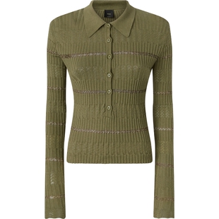 PINKO2025女士通勤修身条纹设计款系扣翻领针织104737A2FC