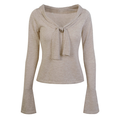 PynkiSwear 浅卡其/炭灰 美丽奴羊毛露肩上衣打结系带长袖针织衫