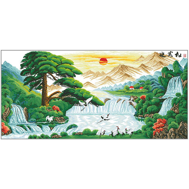 迎客松流水生财客厅风景山水大格