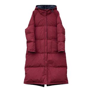 知笔墨2024年冬款超厚红蓝撞色两面穿连帽腰部抽绳保暖长羽绒服女