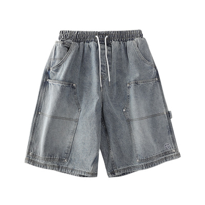 纯棉重磅牛仔五分短裤男做旧系带