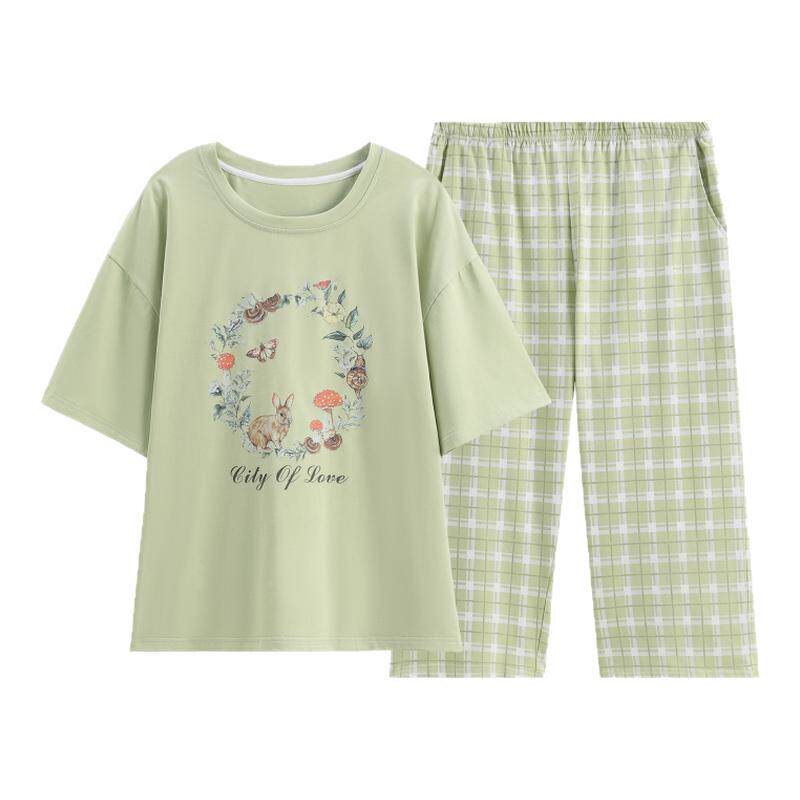 芬腾女士睡衣夏季2026新款纯棉短袖七分睡裤女款家居服套装可外穿