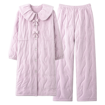 冬季女款海岛绒加厚三层夹棉睡衣