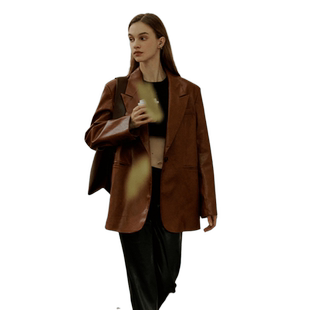 【张予曦同款】Fabrique油蜡做旧皮革西装秋季女士西装外套女皮衣