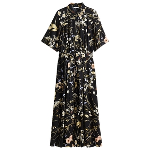 HM女装连衣裙春季新装腰部系带衬衫式植物印花长裙1217576