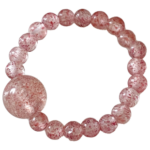 OkFineyard天然草莓晶串珠素圈戒指女粉色小众水晶弹力食指环尾戒