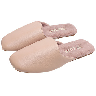 秋冬极简风高级感情侣PU皮棉拖鞋女防水加绒家用保暖防滑牛筋底男