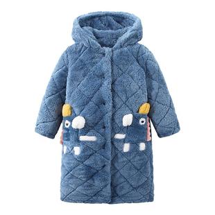 儿童睡衣秋冬季加厚款三层夹棉男童孩珊瑚绒法兰绒睡袍浴袍家居服