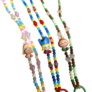 泡泡玛特手机链坐姿萌粒哭娃labubu串珠链条挂链长款手机斜挎挂绳