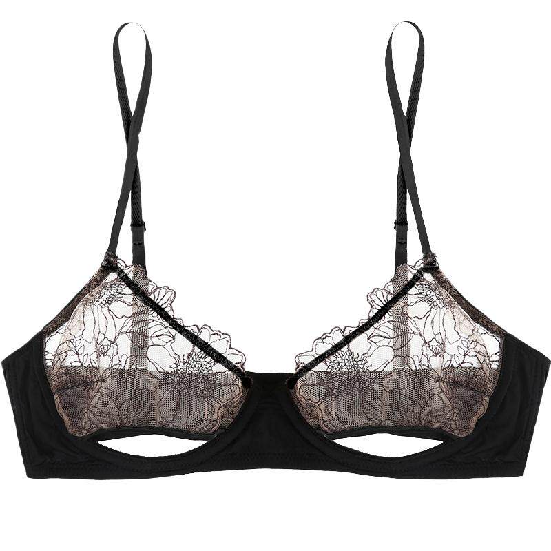 好奇蜜斯性感内衣女夏薄款小胸纯欲镂空蕾丝透明文胸罩套装黑法式