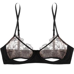 好奇蜜斯性感内衣女夏薄款小胸纯欲镂空蕾丝透明文胸罩套装黑法式