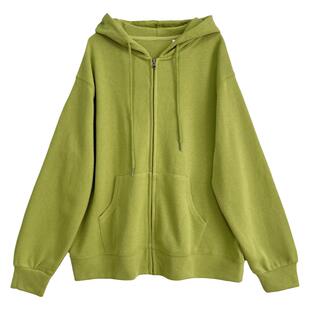 韩国单余货~连帽ins风宽松大版卫衣欧货大码纯色拉链插袋外套春秋