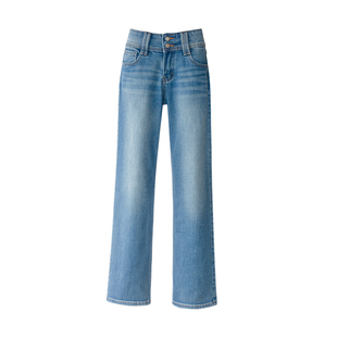 twosweet美高命脉/窄版直直腿 水洗浅蓝中低腰双扣修身直筒牛仔裤