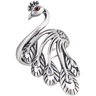 纯银民族风戒指女指环食指个性夸张孔雀凤凰调节气质宫廷时尚开口