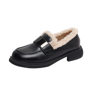 牛皮版~大码女鞋41到43加绒小皮鞋冬2026新款毛毛棉鞋学院乐福鞋