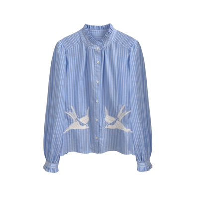 3ts法式荷叶领刺绣竖条纹衬衫