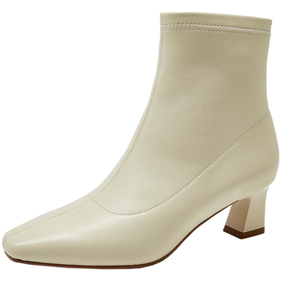 康莉羊皮粗跟短靴女士真皮靴子