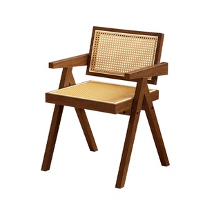 实木椅子家用昌迪加尔椅餐厅休闲扶手靠背椅中古风餐椅藤编餐桌椅